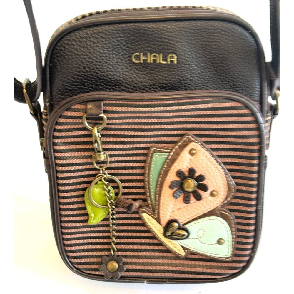 Chala Brown & Pink, Oblong Crossbody Purse w/Butterfly Embellishment & Keychain